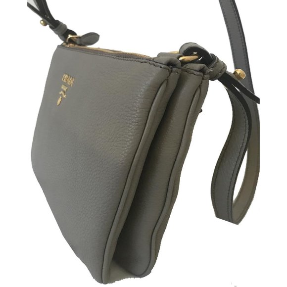 Prada Vitello Phenix Argilla Gray Leather Logo Plaque Crossbody - Picture 6 of 10